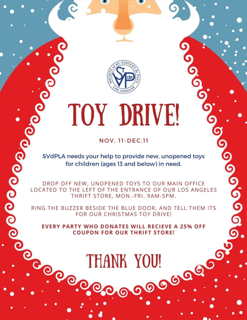 Graphic of Santa with the details of St. Vincent de Paul of Los Angeles' Christmas Toy Drive. Please donate toys!