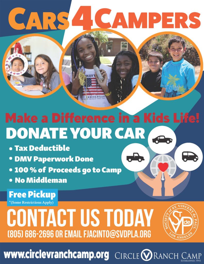 A blue, green, and orange flyer encouraging car donation to support Circle V Ranch Summer Camp Program
