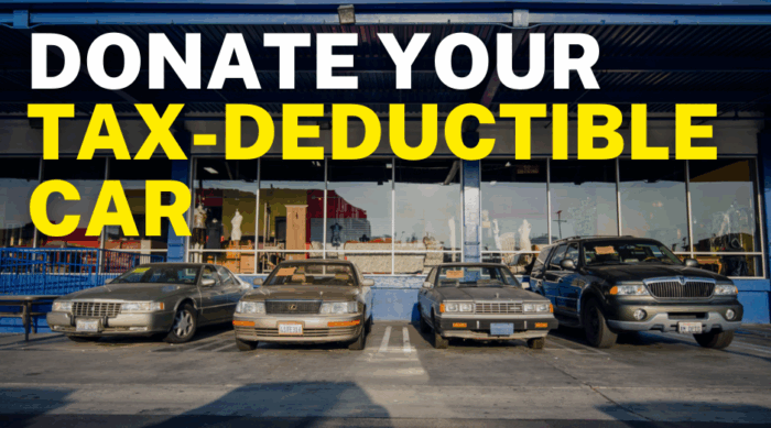 Facebook Cars 4 Campers (6) A row of donated cars are parked in front of St. Vincent de Paul Thrift Store. There are bolded letters in front of the photo asking people to donate their car. It is tax-deductible!