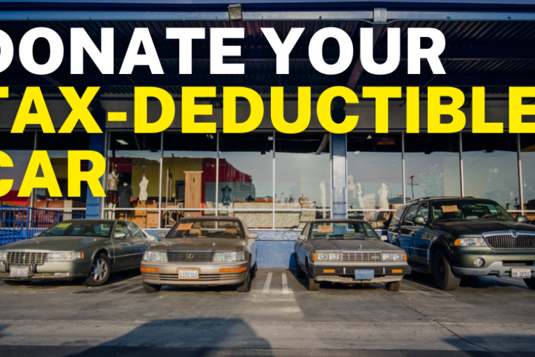 A row of donated cars are parked in front of St. Vincent de Paul Thrift Store. There are bolded letters in front of the photo asking people to donate their car. It is tax-deductible!