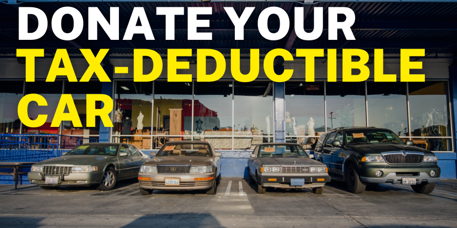 A row of donated cars are parked in front of St. Vincent de Paul Thrift Store. There are bolded letters in front of the photo asking people to donate their car. It is tax-deductible!