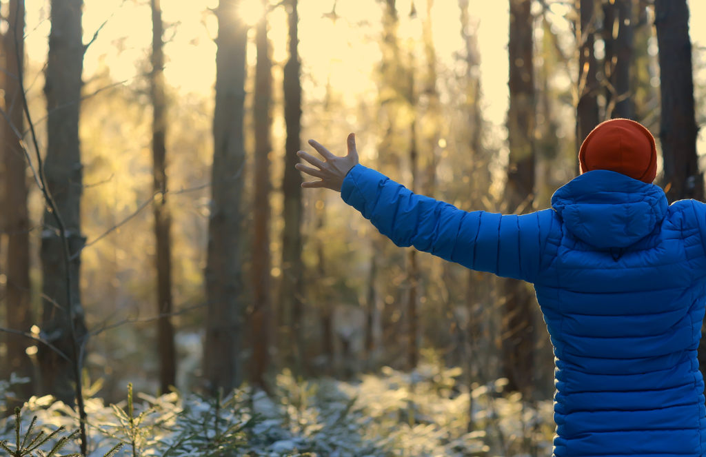 Person in a blue down jacket and orange beanie reaches their hands to the sky. We only see their back. A forest is in the background.